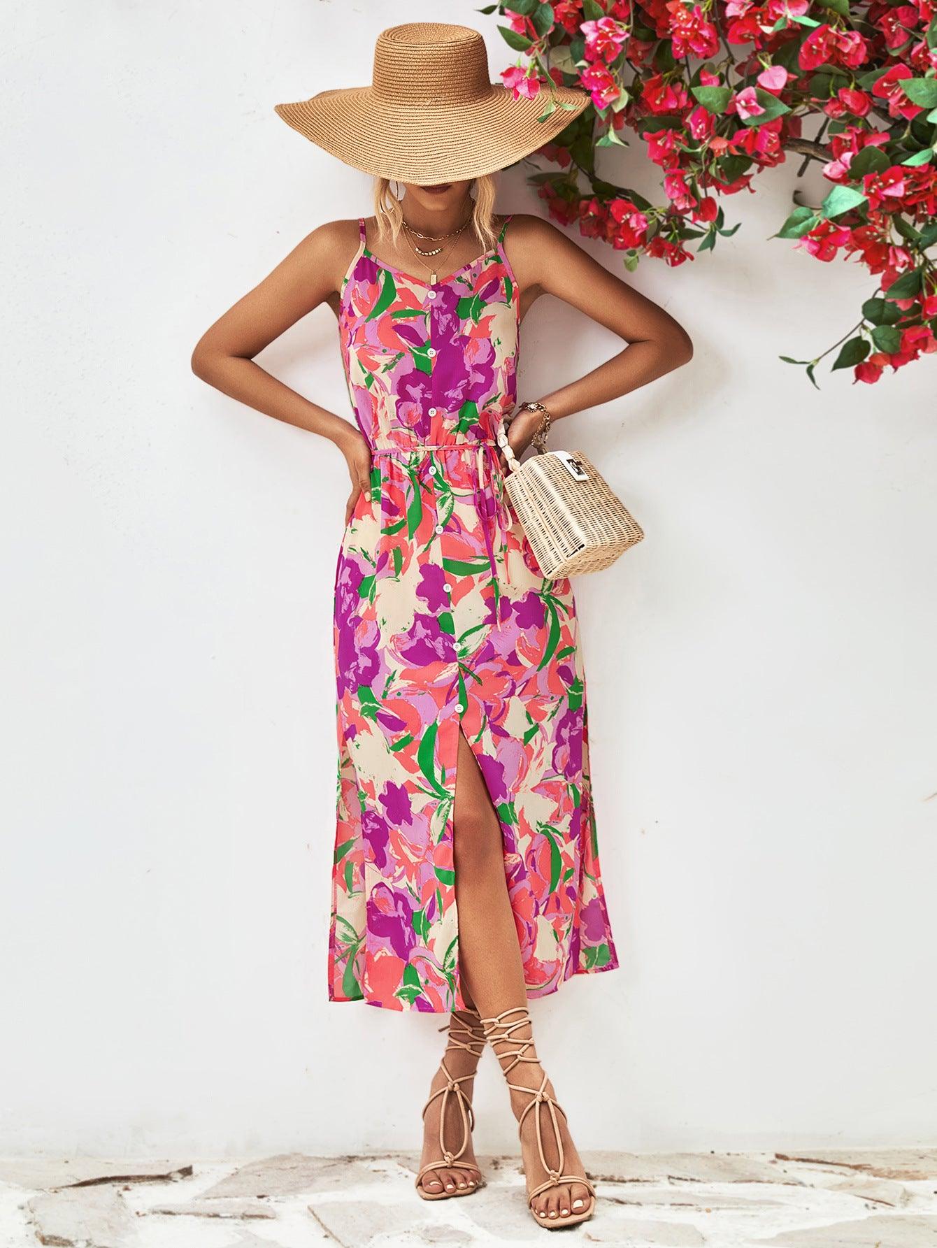Hazel Blues® |  Printed Spaghetti Strap Front Slit Dress