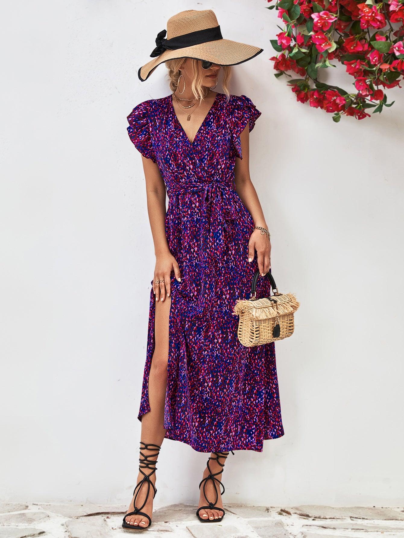 Hazel Blues® |  Printed Surplice Neck Flutter Sleeve Slit Dress