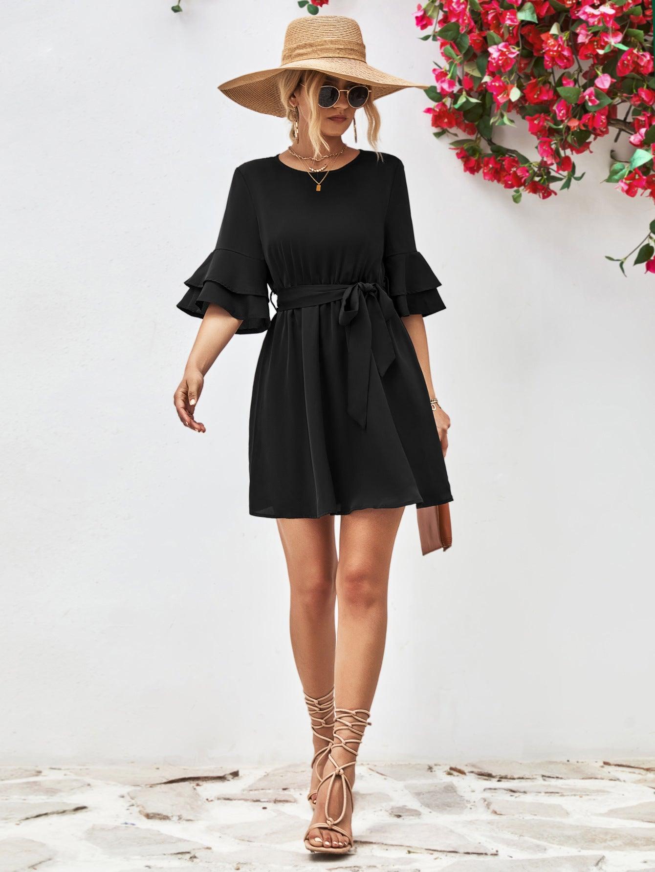 Hazel Blues® |  Round Neck Tie Belt Flounce Sleeve Dress
