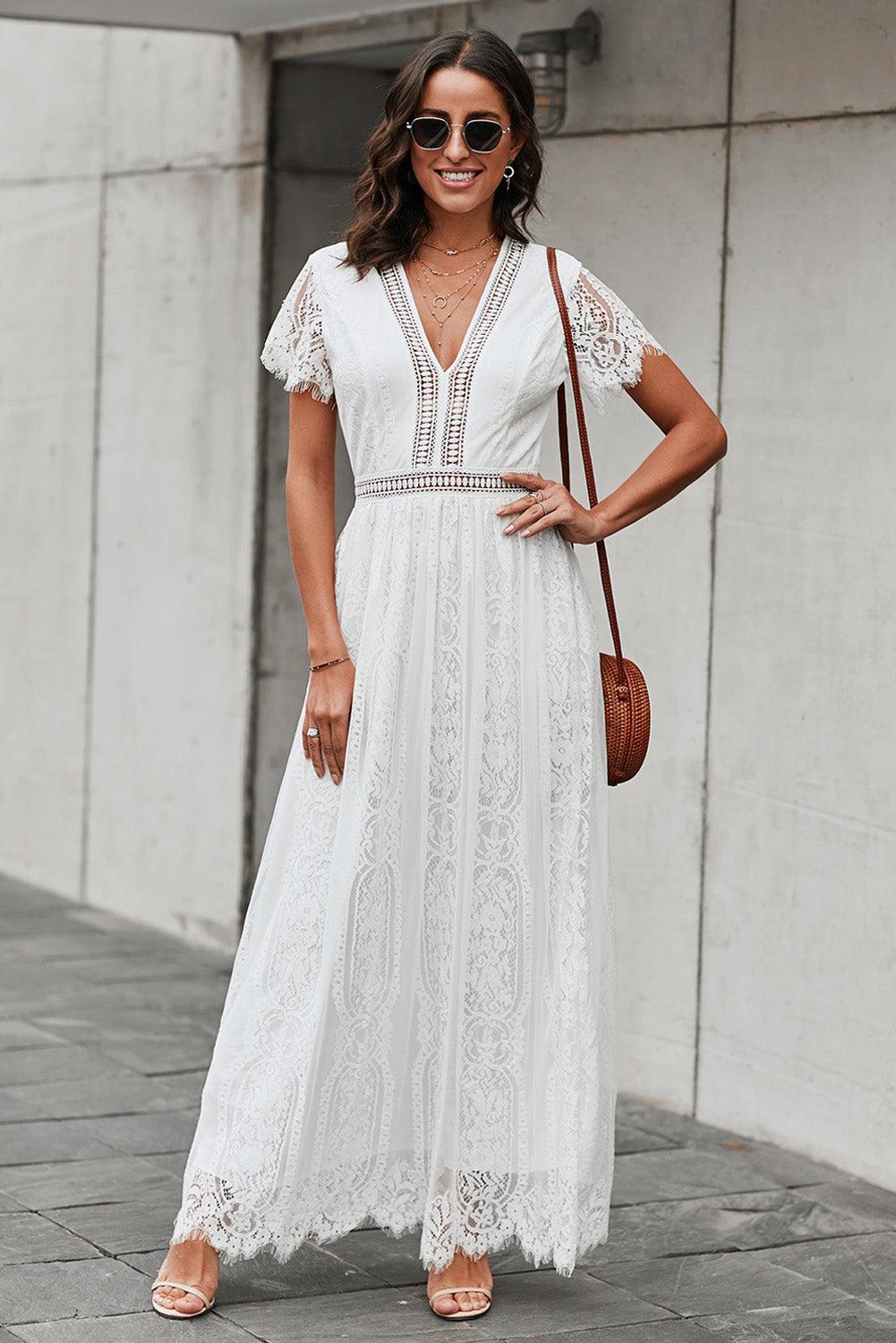 Hazel Blues® |  Scalloped Trim Lace Plunge Dress