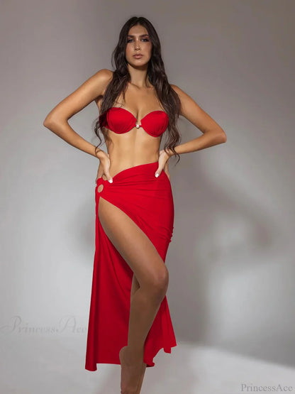 High Fork Skirt Shell Bikini Three Piece Swimsuit