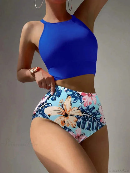 High Neck Floral Swim Two Piece Set