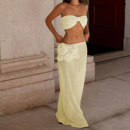 Lace Solid Strappy Skirt Three Piece Swimsuit