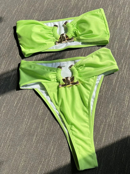 Metal Buckle High Waist Bikini Set