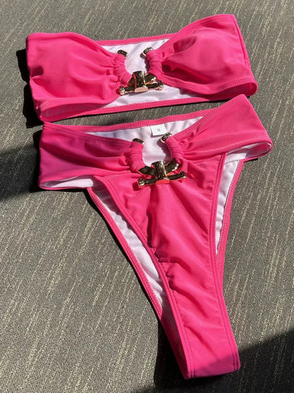 Metal Buckle High Waist Bikini Set