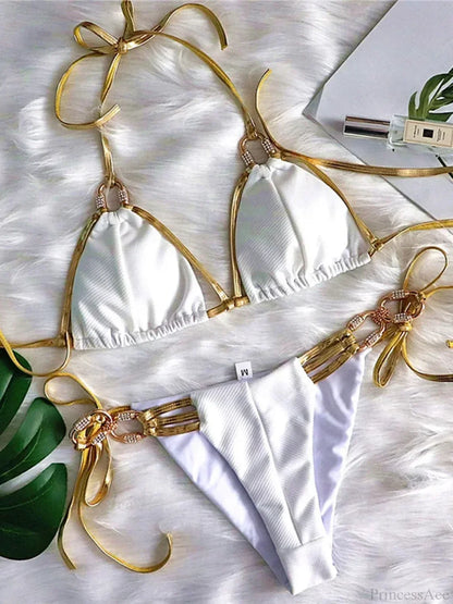 Metal Rings Tassel Diamond Bikini Set