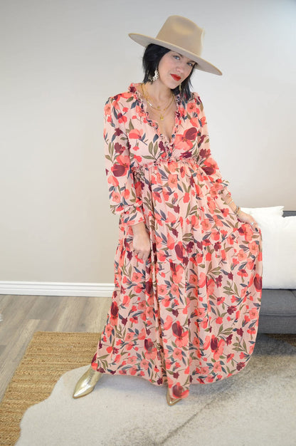 Hazel Blues® |  Floral Frill Trim Flounce Sleeve Plunge Maxi Dress