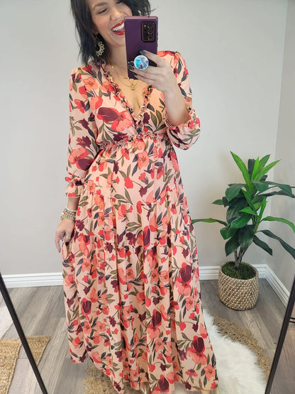 Hazel Blues® |  Floral Frill Trim Flounce Sleeve Plunge Maxi Dress