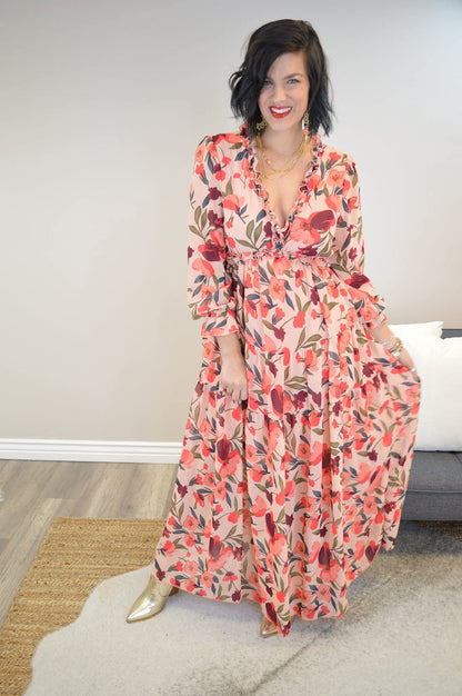 Hazel Blues® |  Floral Frill Trim Flounce Sleeve Plunge Maxi Dress