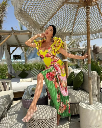 Ruffles Flower Print Skirt Two Piece Set