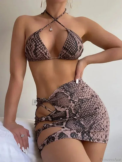 Snake Skin Printed Bikini Three Piece Swimsuit