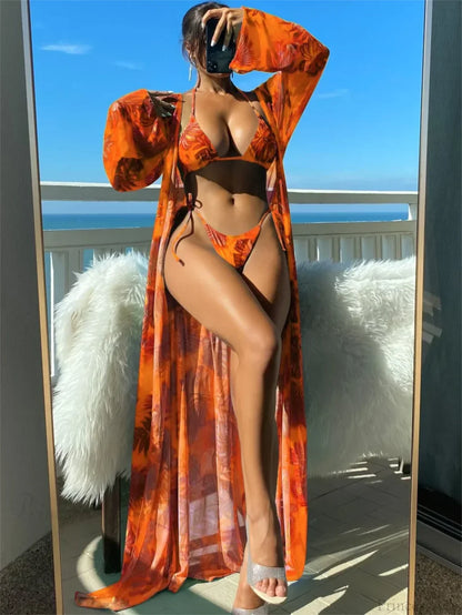 Triangle String Bikini Set with Kimono Three Piece Swimsuit