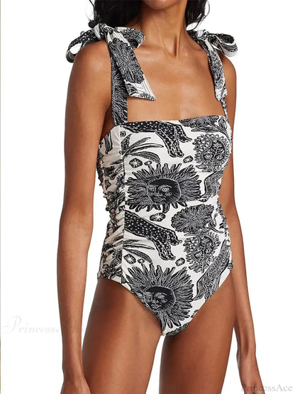 Vintage Sun Sketch Print Backless Swimsuit One Piece