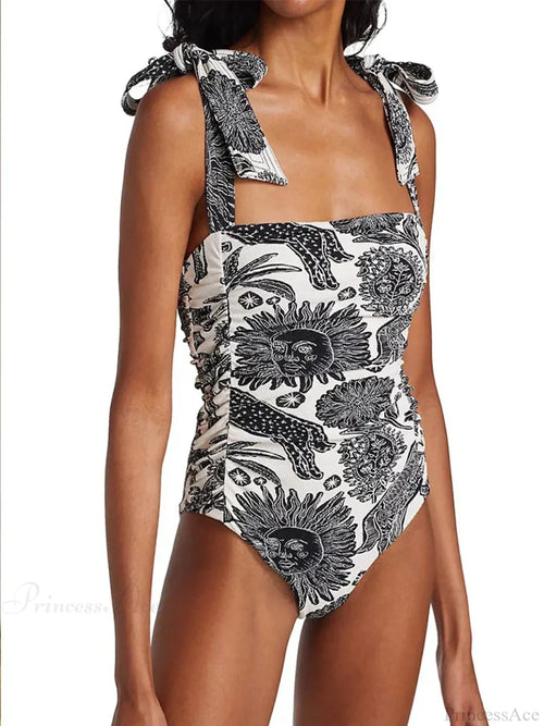 Vintage Sun Sketch Print Backless Swimsuit One Piece